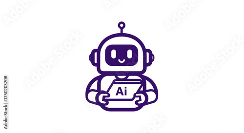 Purple outline robot holding a tablet with "AI" on it
