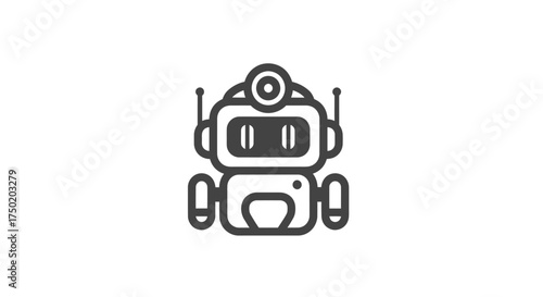 Cute, stylized, gray-scale robot illustration, centered on a white background