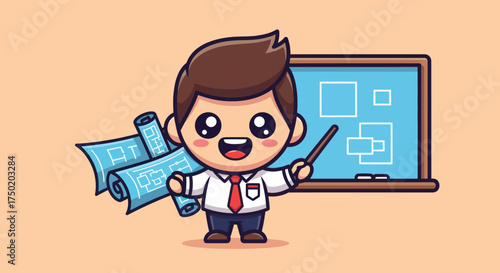 Cartoon engineer holds blueprints & pointer next to board