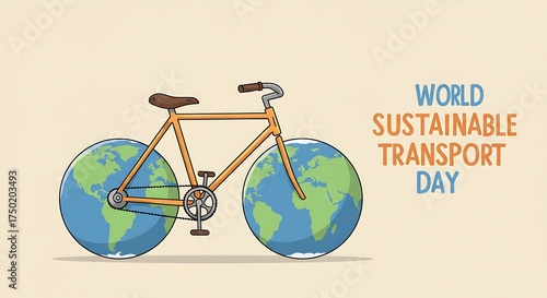 An illustration for World Sustainable Transport Day featuring a bicycle with Earth globes as wheels on a light background.