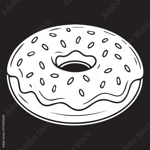 Minimalist Black and White Donut Illustration with Glossy Glaze, Isolated on Dark Background