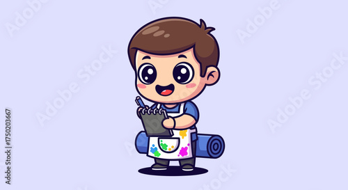 Cartoon artist with pad, pencil, apron, and rolled canvas