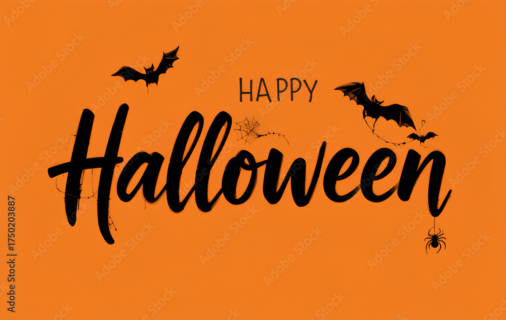 Obraz premium Spooky Happy Halloween text with elegant calligraphy, bats, and webs on a vibrant orange background for festive invitations and posters.