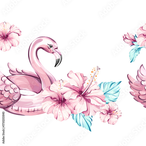 Tropical vacation seamless pattern background wallpaper featuring vibrant flamingos, enchanting hibiscus flowers, and lush foliage for summer celebrations and festive occasions