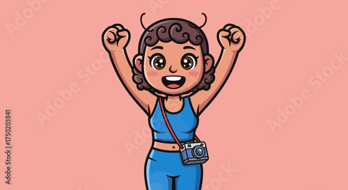Cartoon woman cheers with camera on a pink background