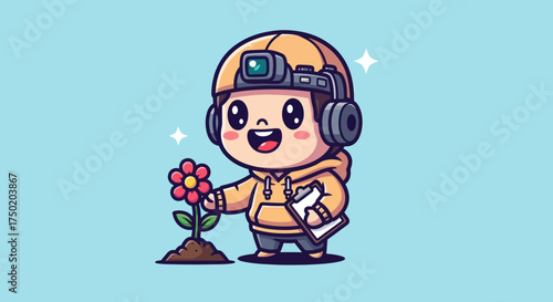 Cartoon figure admiring flower