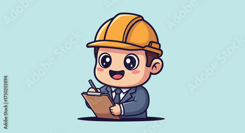 Smiling cartoon engineer writing on clipboard wearing hardhat