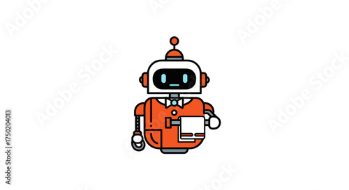 Orange-suited robot holding a tray