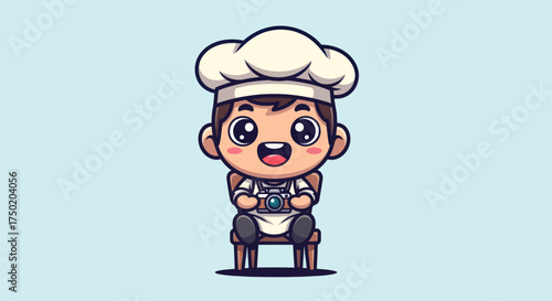 Chef cartoon sitting, holding a camera