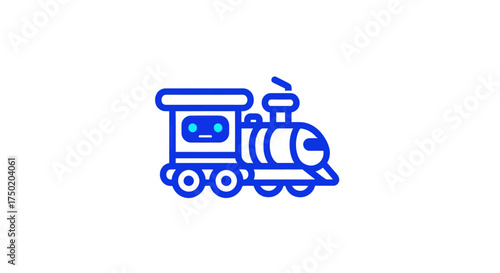 Blue outline cartoon of a train with a face, on a white background