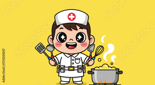 Cartoon nurse with cooking utensils and boiling pot on yellow background