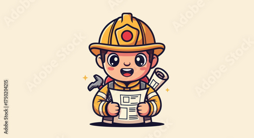 Cartoon of smiling firefighter in uniform reading plans against pale background