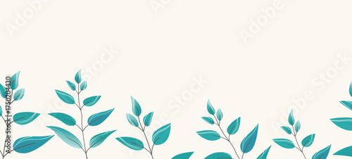 Floral web banner with drawn blue exotic leaves. Nature concept design. Modern floral compositions with summer branches. Vector illustration on the theme of ecology, natura, environment.