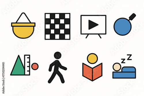 Minimalist flat design icon set of daily life activities shopping, chess, TV, shapes, walking, reading, sleeping   