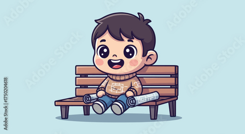 Cartoon boy on park bench holding rolled blueprints, smiling