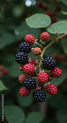 Vibrant cluster of ripe blackberries on a thorny bush, showcasing their luscious dark purple hue and natural beauty. Ideal for health and food themes ,healthy ,farm ,fruit