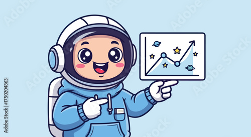 Cartoon astronaut in spacesuit pointing at an upward trending graph