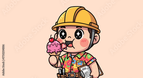 Cartoon construction worker with ice cream cone and toolbelt