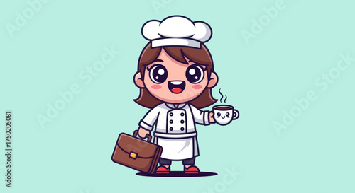 Cute chef cartoon holding coffee and briefcase on light blue background
