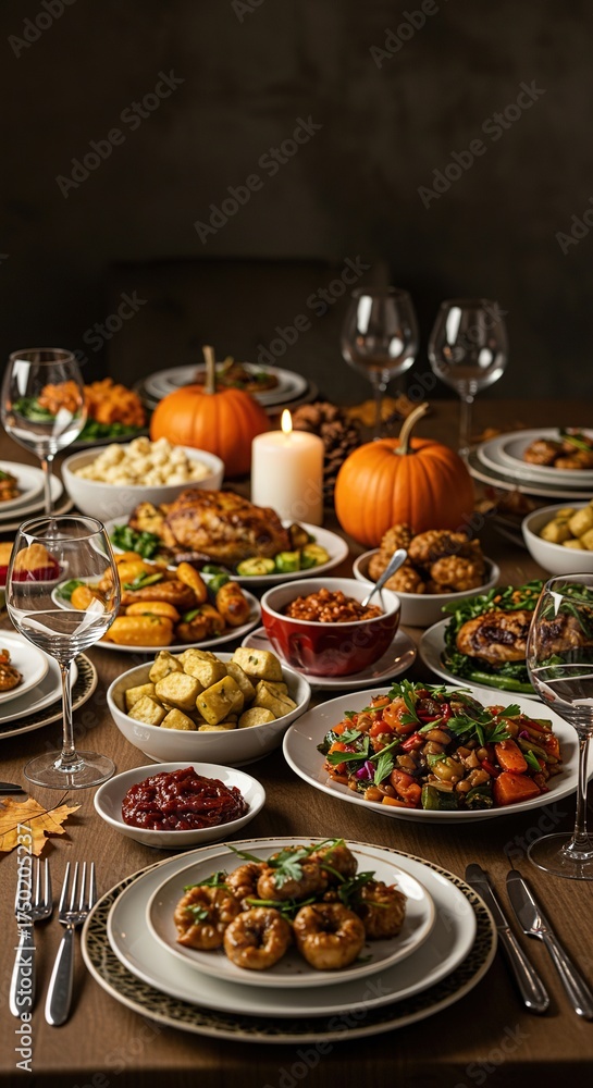 Fototapeta premium A beautifully set table laden with traditional Thanksgiving dishes, showcasing the bounty of the harvest season and festive culinary delights ,food ,rolls ,gravy
