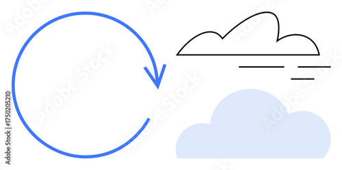 Circular arrow next to outlined and filled clouds. Ideal for sustainability, environment, eco-consciousness, waste management, green energy, renewable resources, simple flat metaphor