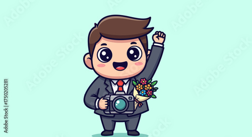 Cartoon photographer with flowers