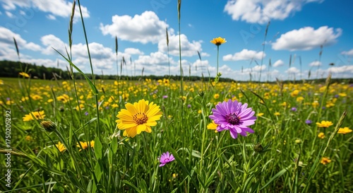 Vibrant wildflowers scattered across a lush green meadow under clear skies, symbolizing nature's beauty and tranquility ,flora ,sunlight ,tranquil
