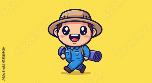 Cartoon hiker in hat with sleeping bag, on yellow background