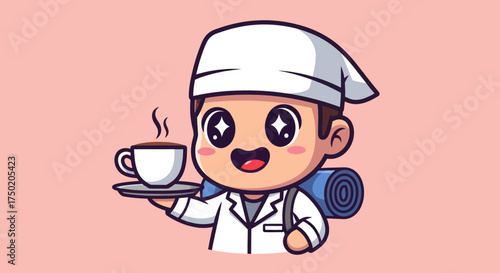 Cartoon traveler in pajamas holding coffee with a rolled mat