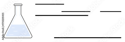 Laboratory flask containing liquid and horizontal lines indicating processes or information flow. Ideal for science, research, innovation, education, data analysis, technology, chemistry. A simple