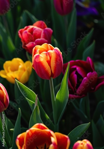 A close-up of a single vibrant bloom nestled amongst other colorful flowers in a well-maintained garden bed. Sunlight illuminates petals ,vibrant ,brilliant ,outdoor