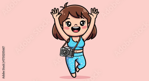 Cartoon girl with camera, hands up, smiling on a pink background
