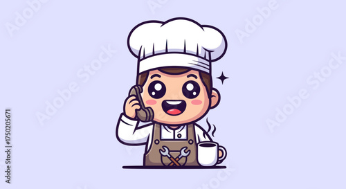 Cartoon chef on phone, apron with wrenches, beside steaming mug on a light blue background