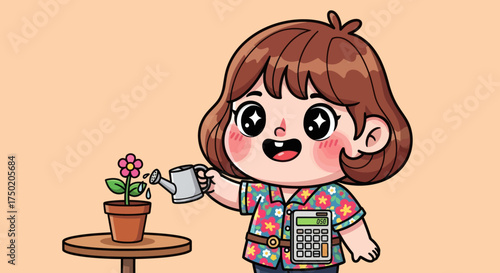 Cartoon girl waters flower with calculator on belt against peach background