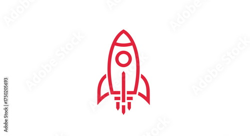 Red outline of rocket ship blasting off on white