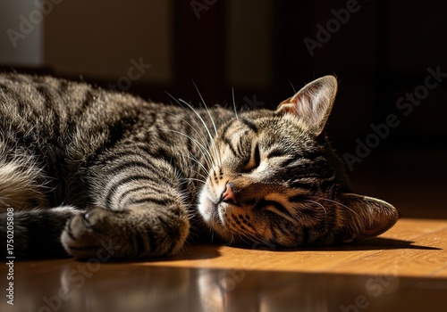 Gentle cat naps soundly in a warm sunbeam, radiating a peaceful, serene atmosphere. A picture of pure feline contentment and quiet repose ,napping ,feline ,calm