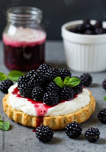 Vibrant blackberries adorn a rustic, creamy dessert, showcasing fresh natural sweetness and a delightful culinary treat perfect for summer ,healthy eating ,pastry ,treat