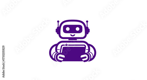 Purple robot icon holding a tablet with a smiling face on white background