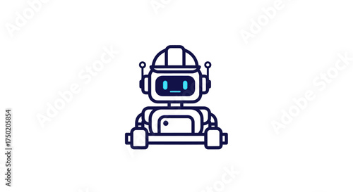 Cartoon-style robot with a cute face, dark blue outline on a white background