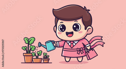 Cartoon man waters potted plants