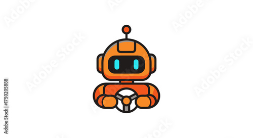 Cartoon-style, orange robot driving with wheel on white background
