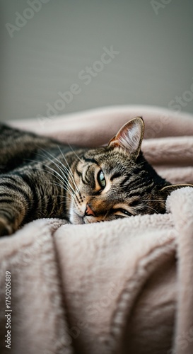 A cozy feline snuggles contentedly on a soft, plush blanket, creating a heartwarming scene of pure relaxation and comfort at home ,material ,textile ,pet accessories