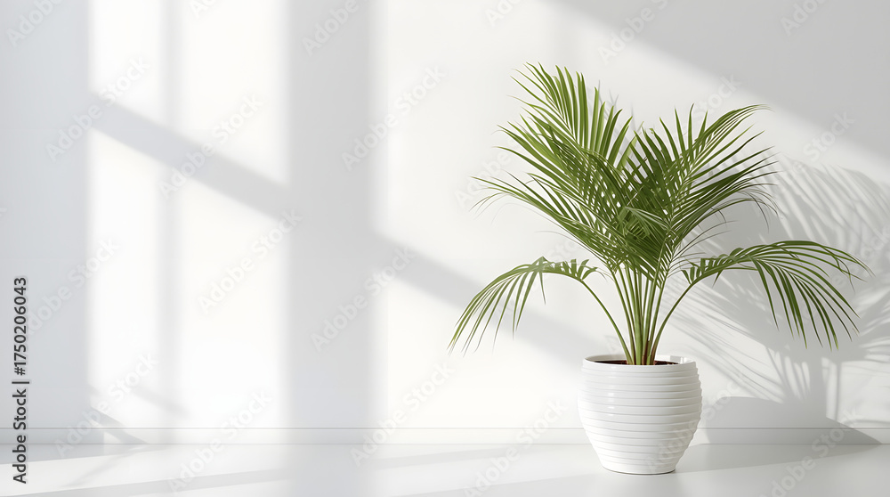 Fototapeta premium Green houseplant in a glass vase on a table near a window