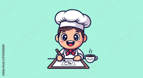 Cartoon chef drawing food with coffee