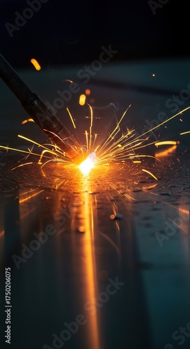 Dynamic close-up of a brilliant welding arc's reflection on a polished metal surface, showcasing intense light and fiery sparks ,repair ,dynamic ,macro