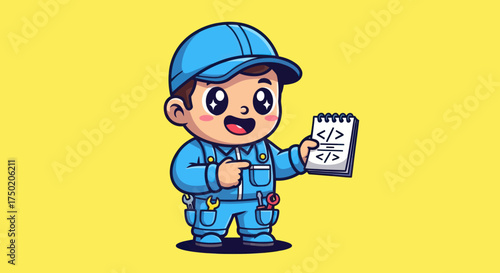 Cartoon engineer holds coding notepad, on yellow