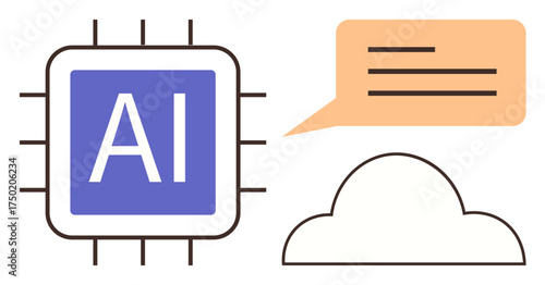 AI chip, speech bubble, and cloud outline illustrating machine learning, data storage, and natural language processing. Ideal for innovation, technology, communication, cloud computing automation