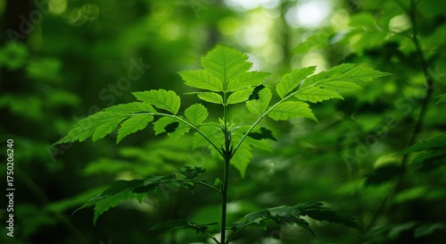 Lush, vibrant green foliage thrives under soft sunlight, showcasing the serene beauty of untouched nature with organic textures and fresh leaves ,forest ,vibrant ,peaceful