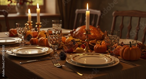 A beautifully arranged Thanksgiving table, bathed in warm, soft light, showcasing autumn harvest bounty and a serene, inviting atmosphere ,pumpkins ,wood ,Thanksgiving