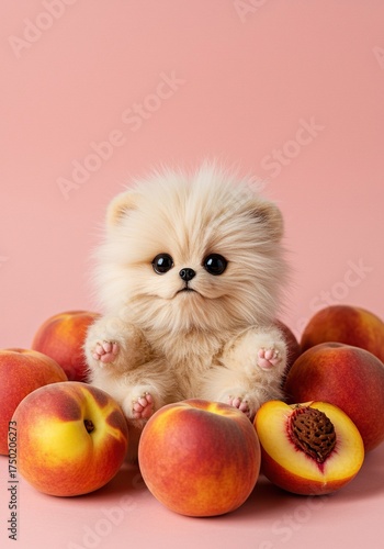 A cute, fluffy pet with soft, peach-colored fur poses playfully amidst fresh, ripe peaches. Whimsical and charming ,happiness ,domestic ,summer
